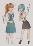  2girls ayanami_rei blue_hair blush breasts cropped_legs grey_background grey_skirt highres multiple_girls necktie neon_genesis_evangelion orange_hair red_eyes school_uniform short_hair simple_background skirt souryuu_asuka_langley tokyo-3_middle_school_uniform translation_request yubi_kamii 