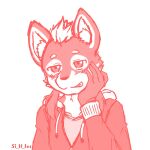  anthro baion_urushi blush blush_lines canid canine casual_clothing clothing hair hand_on_cheek inner_ear_fluff kemono male mammal medium_hair multicolored_body si_if_jes simple_background sketch smile solo tuft two_tone_body utau white_hair 