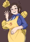  1girl ? ?? absurdres alternate_breast_size apron blue_shirt breast_pocket breasts bright_pupils brown_background brown_eyes brown_hair coin coin_on_string collared_shirt curvy disembodied_hand earrings grabbing_another&#039;s_ass grabbing_another&#039;s_breast groping half-closed_eyes hand_on_another&#039;s_shoulder hand_up highres holding holding_pendulum holding_string holed_coin hypno hypnosis jewelry large_breasts long_sleeves mature_female medium_hair mind_control open_mouth paldea_mother pendulum pocket pokemon pokemon_(creature) pokemon_sv shinsutebachi shirt simple_background sleeves_rolled_up smile stray_pubic_hair string sweat teeth upper_teeth_only waving white_pupils 