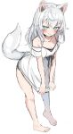  1girl angry animal_ears bare_legs bare_shoulders barefoot black_panties breasts clenched_teeth commission dog_ears dog_girl dog_tail dress dress_tug green_eyes long_hair looking_at_viewer medium_breasts original otokuyou panties short_sleeves skeb_commission sketch tail teeth underwear unfinished v-shaped_eyebrows white_dress white_hair 
