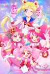  4girls aizen_(syoshiyuki) animal_ears bangs bishoujo_senshi_sailor_moon blonde_hair blue_eyes cake_hair_ornament chibi_usa choker commentary_request cone_hair_bun cosplay cure_grace cure_grace_(partner_form) cure_whip cure_whip_(cosplay) dokidoki!_precure double_bun earrings food-themed_hair_ornament gloves hair_bun hair_ornament hanadera_nodoka healin&#039;_good_precure heart heart_choker highres japanese_clothes jewelry kimono kirakira_precure_a_la_mode leotard long_hair magical_girl multiple_girls one_eye_closed open_mouth parted_bangs pink_choker pink_eyes pink_hair pink_sailor_collar pink_skirt pom_pom_(clothes) pom_pom_earrings precure rabbit_ears rabirin_(precure) red_choker red_eyes sailor_chibi_moon sailor_collar sailor_moon sailor_senshi sailor_senshi_uniform sharuru_(dokidoki!_precure) short_hair short_sleeves skirt smile tsukino_usagi twintails usami_ichika v very_long_hair white_gloves white_leotard 