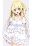  1girl :d absurdres bangs blonde_hair blue_eyes border breasts choker cleavage collarbone commission cowboy_shot criss-cross_halter dress frilled_sleeves frills grey_background halterneck highres layered_dress layered_sleeves long_hair long_sleeves medium_breasts open_mouth original pillarboxed ribbon short_dress skeb_commission smile solo standing very_long_hair white_border white_choker white_dress white_ribbon yuihico 