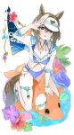  1girl absurdres adapted_costume animal_ears aqua_eyes arm_up ball bikini blue_bikini breasts brown_hair character_name cheval_grand_(umamusume) cleavage flag flower frilled_bikini frills hat hibiscus highres horse_ears horse_girl horse_tail inflatable_dolphin inflatable_toy jacket jewelry kik1 long_sleeves looking_at_viewer multicolored_hair open_mouth pendant sandals shading_eyes short_hair small_breasts smile solo starfish streaked_hair swimsuit tail umamusume unworn_hat unworn_headwear visor_cap water wet white_jacket 