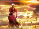  1boy archer_(fate) black_pants cloud cloudy_sky coat fate/stay_night fate_(series) from_behind highres long_sleeves male_focus pants planted planted_sword red_coat short_hair sky skyt2 solo standing sword weapon white_hair 