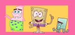 absurd_res anthro asterozoan bald big_nose blue_body blue_skin bottomwear cephalopod clothing coleoid echinoderm eyebrows footwear green_bottomwear green_clothing green_pants group happy hi_res holes_in_body intersex intersex/intersex marine mollusk necktie nekkopara nickelodeon octopodiform octopus open_mouth pants patrick_star pink_body pink_skin purple_bottomwear purple_clothing purple_pants red_necktie sea_sponge simple_eyes smile socks spongebob_squarepants spongebob_squarepants_(character) squidward_tentacles stained_clothing starfish teeth_showing tentacles toony trio yellow_body yellow_skin