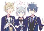  3boys absurdres animal_ears blonde_hair blue_eyes blue_hair cat_boy cat_day cat_ears closed_eyes dankira!!! dated etoile_(dankira!!!) gekkoin_noel highres kagemiya_kei light_blue_hair looking_at_viewer male_focus multiple_boys seta_tasuku shido_akira short_hair white_background yellow_eyes 