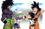  !? 2boys 2girls arm_behind_head belt black_hair blush_stickers bodysuit breasts broly_(dragon_ball_super) cheelai colored_skin dougi dragon_ball dragon_ball_super dragon_ball_super_super_hero electricity fingerless_gloves flying_sweatdrops gloves grandfather_and_granddaughter green_skin grin highres index_finger_raised multiple_boys multiple_girls muscular muscular_male nervous_smile open_mouth pan_(dragon_ball) pea-bean purple_bodysuit purple_eyes raglan_sleeves red_gloves scouter shirt short_hair shorts smile son_goku spiked_hair sweatdrop white_gloves white_hair 