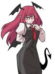  1girl absurdres arm_behind_back bangs bat_wings black_skirt black_vest blush closed_mouth demon_tail eddybird55555 english_commentary hair_between_eyes head_wings highres koakuma long_hair looking_at_viewer multiple_wings necktie pointy_ears red_eyes red_hair red_necktie shirt simple_background skirt solo standing sweatdrop tail touhou vest white_background white_shirt wings 