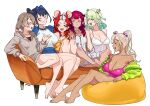  6+girls absurdres alternate_costume animal_ears bare_legs barefoot bean_bag_chair blue_hair blush braid breasts brown_hair brown_hoodie camisole ceres_fauna cleavage closed_eyes couch dark_skinned_female feet green_hair grin hair_intakes hair_ornament hakos_baelz half-closed_eyes heterochromia highres holocouncil hololive hololive_english hood hoodie irys_(hololive) large_breasts long_hair looking_at_another low_twintails medium_hair mouse_ears multiple_girls nanashi_mumei no_pants on_couch ouro_kronii pajamas pink_hair pink_tank_top reclining shirt signature single_braid sitting smile tank_top toes tree_horns tsukumo_sana twintails white_background white_camisole white_pajamas white_shirt yan_jhia yellow_shirt 