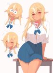  1girl alternate_costume blonde_hair blue_bow blue_bowtie blue_skirt bow bowtie breast_pocket breasts button_gap closed_eyes collared_shirt commentary_request cowboy_shot dark-skinned_female dark_elf dark_skin desk dress_shirt drinking_straw drinking_straw_in_mouth drooling elf grin hair_ornament hairclip hololive juice_box large_breasts long_hair looking_at_viewer miniskirt mouth_drool mouth_hold multicolored_hair multiple_views pleated_skirt pocket pointy_ears red_eyes school_desk school_uniform sen_(sen42724788) shiranui_flare shirt simple_background skirt sleep_mask smile squeans streaked_hair thighs virtual_youtuber white_background white_hair white_shirt 