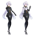  1girl :d absurdres arm_at_side arm_behind_back black_bodysuit bodysuit breasts cloak crotch_zipper dzhangfu5033 full_body highres long_hair looking_at_viewer low_twintails original purple_eyes shoes skin_tight small_breasts smile sneakers symbol-shaped_pupils thigh_pouch twintails variations very_long_hair waving white_background white_hair zipper 