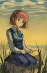  1girl absurdres ascot blue_ascot blue_pants blue_veil bob_cut collared_shirt grass green_eyes highres horizon kneeling kornod ocean orange_hair pants shirt shore short_hair solo sunset takatsu_kokone veil white_shirt yokohama_kaidashi_kikou 