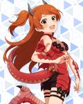  1girl bare_shoulders belt black_shorts blush brown_eyes brown_hair cowboy_shot dragon_girl dragon_horns dragon_tail dragon_wings drop_shadow from_side horns idolmaster idolmaster_million_live! idolmaster_million_live!_theater_days long_hair looking_at_viewer looking_to_the_side monster!_dragon_(idolmaster) multiple_belts official_art ogami_tamaki one_side_up open_mouth shorts smile solo standing tail teeth thigh_belt thigh_strap triangle upper_teeth_only wings 