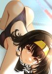  1girl agedashi_doufu_mk23 all_fours ass black_hair black_one-piece_swimsuit breast_press brown_eyes competition_swimsuit dutch_angle feet_out_of_frame from_above from_behind hairband highleg highleg_one-piece_swimsuit highres long_hair one-piece_swimsuit one-piece_thong original racerback solo swimsuit yellow_hairband 