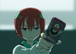  1girl amate_yuzuriha aqua_eyes aqua_shirt closed_mouth collared_shirt gquuuuuux green_eyes gundam gundam_gquuuuuux henshin henshin_pose highres holding kamen_rider kamen_rider_dcd long_sleeves looking_at_viewer mecha mobile_suit necktie parody red_hair rider_card robot school_uniform science_fiction shirt short_hair solo sweater tokusatsu ueyama_michirou v-fin zooming_in 