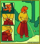 4_panel_comic anthro biped bladder bodily_fluids border bottomwear canid canine canis clothing collared_shirt domestic_dog eyebrow_piercing facial_piercing flaccid footwear genital_fluids genitals grass holding_penis kinkykikker male mammal motion_lines nose_piercing nose_ring open_mouth orange_body orange_clothing orange_footwear orange_shoes organs outside pants penis piercing plant red_bottomwear red_clothing red_pants relieved restricted_palette ring_piercing running shirt shoes shrub solo sweater topwear tree urine x-ray_view yellow_border
