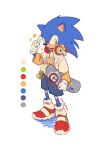  1boy alternate_costume blue_eyes chaos_emerald charm_(object) closed_mouth color_guide commentary english_commentary full_body furry furry_male gloves guardian_units_of_nations headphones headphones_around_neck hedgehog hedgehog_boy highres holding holding_skateboard layered_sleeves long_sleeves looking_to_the_side male_focus morilatte_art print_shirt red_shoes shirt shoes short_over_long_sleeves short_sleeves sideways_glance skateboard smile solo sonic_(series) sonic_adventure_2 sonic_the_hedgehog standing star_(symbol) white_background white_gloves 