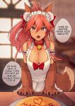  1girl absurdres alterkyon animal_ears animal_hands apron arm_garter bell bow breasts brown_eyes cat_hair_ornament cat_paws english_text fate/grand_order fate_(series) fox_ears fox_girl fox_tail gloves hair_between_eyes hair_bow hair_ornament highres jingle_bell large_breasts long_hair looking_at_viewer maid_headdress naked_apron neck_bell paw_gloves pink_hair ponytail red_bow solo speech_bubble tail tamamo_(fate) tamamo_cat_(fate) tamamo_cat_(third_ascension)_(fate) white_apron 