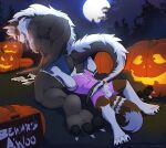 anthro anthro_on_anthro balls blush blush_lines bodily_fluids bottomwear claws clothing cum duo english_text erection facial_piercing fangs folsky genital_fluids genitals glans greyfus_(itsgreyfus) hi_res humanoid_genitalia humanoid_penis inner_ear_fluff jack-o&#039;-lantern male male/male mono_(badgeroo) muscular muscular_anthro muscular_male nose_piercing nose_ring open_mouth open_smile penis piercing ring_piercing size_difference smile tail teeth text tongue tongue_out torn_bottomwear torn_clothing tuft 