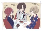  3boys blush border brown_hair closed_eyes coffee cup dankira!!! eating facing_another facing_viewer food gloves ice_cream light_brown_hair long_hair long_sleeves male_focus miki_nozomu mug multiple_boys pink_background red_hair short_hair sitting sketch sneezecoon strawberry_shortcake table theater_bell_(dankira!!!) translation_request tsubaki_seito white_border yagami_soma 