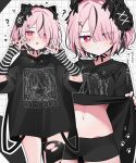  1girl ? @_@ absurdres belly bike_shorts black_nails black_ribbon black_shirt black_thighhighs blush clothes_lift double_v heart heart-shaped_pupils highres navel original oversized_clothes pink_hair red_eyes ribbon shirt short_hair sweat symbol-shaped_pupils thighhighs torn_clothes torn_thighhighs v waka_(wk4444) 