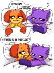 absurd_res anthro bedding black_nose blanket bodily_fluids canid canine canis catnap_(poppy_playtime) comic dialogue dogday_(poppy_playtime) domestic_cat domestic_dog duo emanata english_text eye_contact felid feline felis floppy_ears fluffyzit fur gas gloves_(marking) half-closed_eyes head_markings hi_res looking_at_another looking_at_partner lying male male/male mammal markings mob_entertainment moon_symbol multicolored_body multicolored_fur narrowed_eyes nodding on_back onomatopoeia open_mouth orange_body orange_eyes orange_fur pillow poppy_playtime pupils purple_body purple_eyes purple_fur question_mark simple_background smiling_critters sound_effects speech_bubble sun_symbol sweat talking_to_another text white_pupils yellow_body yellow_fur