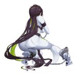  1girl ankle_cuffs ass bodysuit brown_hair chain from_behind goddess_of_victory:_nikke green_hair guilty_(nikke) high_heels long_hair mikan03_26 multicolored_hair solo squatting streaked_hair very_long_hair white_background white_bodysuit 