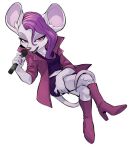  boots clothing elranno eyeshadow female footwear hair high_heels jacket looking_at_viewer makeup mammal mouse murid murine nails pomme_(rivals_of_aether) popstar purple_hair red_eyes rivals_of_aether rodent solo solo_focus tail topwear 
