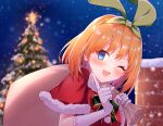  1girl ;3 bag bangs blue_eyes blush bow bowtie box chimney christmas christmas_tree crop_top english_commentary eyelashes fur-trimmed_collar fur-trimmed_sleeves fur_trim gift gift_box gloves go-toubun_no_hanayome green_bow green_bowtie green_hairband green_headwear hairband happy highres holding holding_bag index_finger_raised lips looking_at_viewer medium_hair nakano_yotsuba night on_roof one_eye_closed open_mouth orange_hair outdoors plaid plaid_bow pom_pom_(clothes) profnote red_crop_top santa_costume short_sleeves sidelocks sky smile snow snowing solo star_(sky) star_(symbol) starry_sky white_gloves 