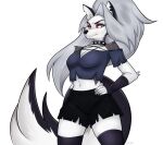  2022 anthro armwear black_nose bottomwear breasts canid canid_demon canine canis claws clothed clothing collaboration collar demon ear_piercing eyebrows eyelashes female fluffy fluffy_tail fox fur grey_body grey_fur hair hand_on_hip hellhound helluva_boss legwear long_hair long_tail looking_at_viewer loona_(helluva_boss) mammal multicolored_body multicolored_fur navel notched_ear piercing pupils purtumdaemonium raised_eyebrow red_sclera shorts simple_background slit_pupils solo spiked_collar spikes tail topwear torn_clothing villmix white_body white_eyes white_fur white_hair wolf 