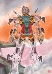  armor commentary_request glowing glowing_eyes gundam gundam_gquuuuuux highres jinou_rakugaki mecha mecha_focus mobile_suit mobile_suit_gundam_the_origin no_humans parody purple_eyes robot science_fiction smoke solo standing style_parody v-fin weapon white_gundam 