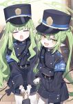  2girls armband black_tail blue_archive blue_armband buttons demon_tail double-breasted fang gloves green_hair green_halo halo hat highres hikari_(blue_archive) holding_hands long_hair looking_at_viewer multiple_girls nozomi_(blue_archive) open_mouth pantyhose pantyhose_under_shorts peaked_cap pleated_skirt pointy_ears pov shorts siblings sisters skirt smile tail train_conductor twins wagashi928 white_gloves white_pantyhose 
