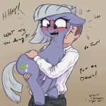  1:1 2022 absurd_res angry anon biped blush cutie_mark dialogue digital_drawing_(artwork) digital_media_(artwork) duo earth_pony english_text equid equine eyelashes female feral floppy_ears flustered friendship_is_magic grey_hair grey_tail grumpy hair hasbro hi_res holding_another horse human limestone_pie_(mlp) mammal my_little_pony open_mouth pony quadruped simple_background t72b tan_background text 