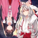  2girls arm_up bangs black_hair bow buttons closed_mouth collared_shirt commentary_request cowboy_shot eyes_visible_through_hair frills fujiwara_no_mokou grey_hair hair_between_eyes hair_bow highres hime_cut houraisan_kaguya long_hair long_sleeves looking_at_viewer multiple_girls night night_sky own_hands_clasped own_hands_together pants pink_shirt purple_eyes red_eyes red_pants red_skirt shiny_hair shirt sidelocks skirt sky sleeve_garter smile solanikieru split_mouth star_(sky) starry_sky straight_hair suspenders touhou upside-down very_long_hair white_bow white_shirt wide_sleeves 