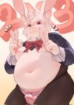  anthro belly blush bulge chinese_zodiac clothing costume fur gesture hi_res lagomorph leporid long_ears male mammal moobs new_year_2023 nipples overweight panties rabbit reverse_bunny_costume solo tober_4 underwear v_sign white_body white_fur year_of_the_rabbit 