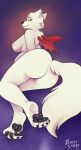 anthro bedroom_eyes bite biting_lip black_pawpads breasts butt canid canine canis deadlysynder demon eyelashes feet female fluffy fluffy_tail fur glistening glistening_pawpads hi_res hybrid looking_at_viewer looking_back mammal membrane_(anatomy) membranous_wings narrowed_eyes nipples nude pawpads paws presenting presenting_hindquarters seductive side_boob simple_background sitting solo solo_focus spread_toes tail toes white_body white_fur wings wolf yellow_eyes