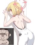  1boy 1girl against_wall bare_back blonde_hair blue_archive bodysuit bow_(bhp) breasts commentary doodle_sensei_(blue_archive) halo highres looking_at_viewer looking_back low-tied_sidelocks medium_hair momoi_(blue_archive) partially_unzipped pink_eyes pink_halo sensei_(blue_archive) small_breasts smile white_bodysuit 