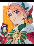  1boy 1girl alternate_costume annette_fantine_dominic annette_fantine_dominic_(winter) bangs black_hair blue_eyes bow bowtie breasts cape capelet christmas cleavage cleavage_cutout clothing_cutout dress fa2263cr felix_hugo_fraldarius felix_hugo_fraldarius_(winter) fire_emblem fire_emblem:_three_houses fire_emblem_heroes fire_emblem_warriors:_three_hopes fur-trimmed_cape fur_trim grimace hair_ornament hair_rings hat headdress highres looking_at_viewer official_alternate_costume official_alternate_hairstyle orange_hair red_capelet sack santa_hat smile snowflakes white_dress yellow_background 