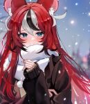  1girl animal_ear_fluff animal_ears bangs black_hair black_jacket blue_eyes blurry blush bokeh depth_of_field english_commentary hair_between_eyes hakos_baelz highres hololive hololive_english jacket long_hair long_sleeves looking_at_viewer mouse_ears multicolored_hair red_hair scarf sleeves_past_wrists smile snow solo somsomyeo streaked_hair upper_body very_long_hair virtual_youtuber white_hair winter 