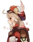  1girl ahoge backpack bag blonde_hair brown_bag brown_gloves cabbie_hat commentary_request corn_kuten dodoco_(genshin_impact) genshin_impact gloves hat hat_feather hood hooded_jacket jacket klee_(genshin_impact) pointy_ears profile red_eyes red_hat red_jacket shirt short_twintails simple_background solo tearing_up twintails watermark white_background white_shirt 