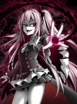  1girl bat_(animal) black_dress breasts cleavage commission detached_sleeves dress ebiblue fang gothic_lolita greyscale highres krul_tepes lolita_fashion monochrome neck_ribbon owari_no_seraph pink_hair pointy_ears red_eyes ribbon short_dress skeb_commission slit_pupils small_breasts solo spot_color thighs two_side_up vampire 