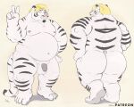  2023 absurd_res anthro balls belly big_belly blonde_hair butt felid flaccid genitals hair hi_res humanoid_genitalia humanoid_hands humanoid_penis male mammal overweight overweight_male pantherine penis pink_nose sato_afroleone solo tiger 