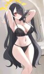  :o absurdres armpits arms_up black_bra black_hair black_panties blue_archive blush bra breasts cleavage commentary_request hair_over_one_eye halo highres hinata_(blue_archive) indoors kurochomo large_breasts long_hair looking_at_viewer mirror navel panties red_eyes stomach thighs underwear underwear_only very_long_hair yellow_halo 