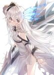  1girl bare_legs dragon_horns highres holding holding_sword holding_weapon horns looking_at_viewer original red_eyes shiro_youduki simple_background sword thighs weapon white_background white_hair 