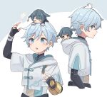  2boys ahoge animal_ears black_gloves blue_background blue_eyes blue_hair chongyun_(genshin_impact) closed_eyes commentary_request corn_kuten cropped_hoodie cropped_torso emphasis_lines fingerless_gloves genshin_impact gloves hood hoodie lop_rabbit_ears male_focus mini_person mini_person_on_head miniboy multiple_boys outline rabbit_ears short_hair simple_background surprised upper_body water white_background white_hoodie xingqiu_(genshin_impact) yellow_eyes 