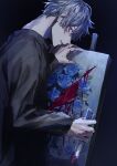 1boy black_sleeves blood blood_on_face blood_on_hands blood_on_knife blue_flower blue_rose boxcutter flower grey_hair hair_over_one_eye highres holding holding_boxcutter knife looking_at_viewer male_focus nose original parted_lips pink_eyes rose short_hair solo taiyakitarou teeth 