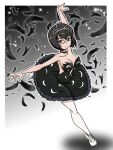  1girl arms_up athletic_leotard ballet ballet_dress ballet_slippers bare_shoulders bird black_background black_choker black_feathers black_hair breasts choker cleavage cleavage_cutout clothing_cutout feather_skirt feathers girls_und_panzer glasses gradient_background kawashima_momo leotard monocle official_alternate_costume pantyhose rectangular_eyewear short_hair silver_tiara standing standing_on_one_leg star_(sky) swan swan_lake takahashi_kurage white_pantyhose 