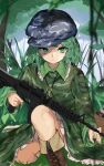  1girl assault_rifle backpack bag blue_headwear boots brown_footwear camouflage cross-laced_footwear dress flat_cap green_dress green_hair green_jacket green_skirt gun hat highres holding holding_weapon jacket key m4_carbine medium_hair outdoors pocche-ex rifle short_hair skirt skirt_set solo squatting touhou weapon yamashiro_takane 