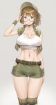  1girl arm_behind_back bare_shoulders black_panties blush breasts brown_eyes brown_hair cleavage crop_top cropped_vest fio_germi green_shorts hand_up hat highres hip_focus looking_at_viewer medium_breasts medium_hair metal_slug midriff navel nipples no_bra open_clothes open_vest panties ponytail salute see-through_clothes short_shorts shorts smile soldier solo standing stomach thigh_gap thighs toruneko underwear vest 