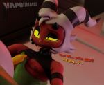 3d_(artwork) anthro athletic athletic_male bedroom_eyes blurred_background bodily_fluids clothed clothing digital_media_(artwork) duo glitch_productions grabbing_torso gummigoo_(tadc) helluva_boss hi_res imp looking_at_another looking_at_partner male male/male moxxie_(helluva_boss) narrowed_eyes nipples partially_clothed seductive sweat sweating_profusely taunting the_amazing_digital_circus tongue tongue_out vapormakes